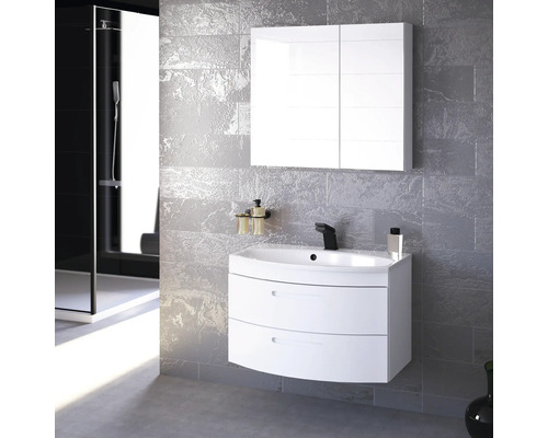 Salle de bains avec meuble sous-lavabo blanc, lavabo, armoire de toilette et douche