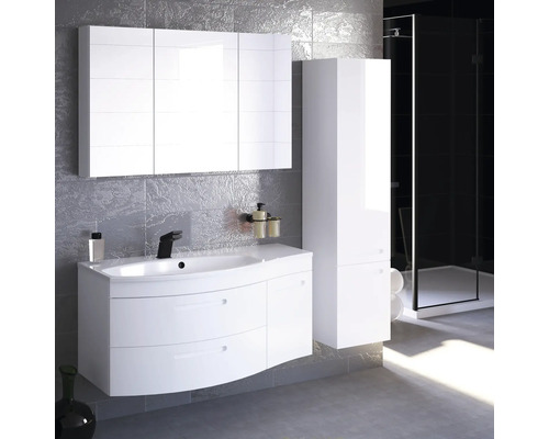 Salle de bains moderne avec meuble sous-lavabo blanc, armoire de toilette et armoire haute