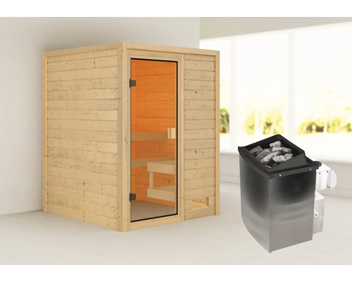 Sauna en madriers Karibu Sandra avec poêle 9 kW et commande intégrée sans couronne avec porte entièrement vitrée couleur bronze