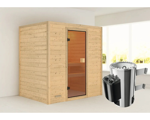 Plug & Play Sauna Karibu Selena inkl.3,6 kW Ofen u.integr.Steuerung ohne Dachkranz mit bronzierter Ganzglastüre