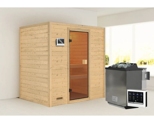 Sauna en bois massif Karibu Selena avec poêle bio 9 kW et commande externe sans couronne avec porte entièrement vitrée couleur bronze