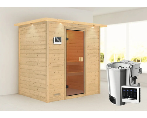 Plug & Play Sauna Karibu Selena inkl.3,6 kW Bio Ofen u.ext.Steuerung mit Dachkranz und bronzierter Ganzglastüre