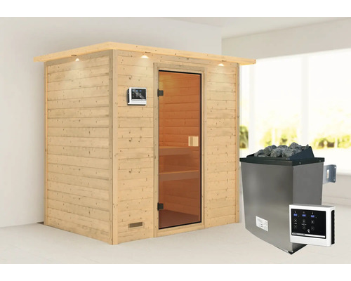 Sauna en bois massif Karibu Selena avec poêle 9 kW et commande externe avec couronne et porte entièrement vitrée couleur bronze