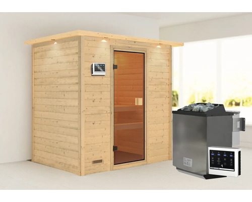 Sauna en bois massif Karibu Selena avec poêle bio 9 kW et commande externe avec couronne et porte entièrement vitrée couleur bronze