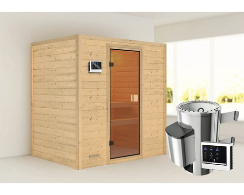 Plug & Play Sauna Karibu Selena inkl.3,6 kW Ofen u.ext.Steuerung ohne Dachkranz mit bronzierter Ganzglastüre