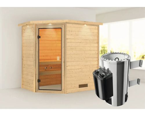 Plug & Play Sauna Karibu Jella inkl.3,6 kW Ofen u.integr.Steuerung mit Dachkranz und bronzierter Ganzglastüre