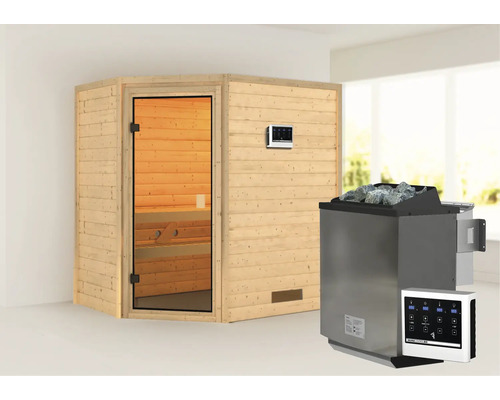 Sauna en bois massif Karibu Jella avec poêle bio 9 kW et commande externe sans couronne avec porte entièrement vitrée couleur bronze