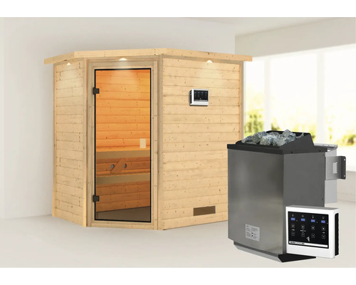 Sauna en bois massif Karibu Jella avec poêle bio 9 kW et commande externe avec couronne et porte entièrement vitrée couleur bronze