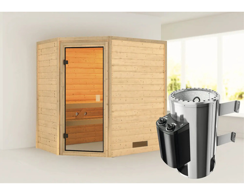 Plug & Play Sauna Karibu Jella inkl.3,6 kW Ofen u.integr.Steuerung ohne Dachkranz mit bronzierter Ganzglastüre