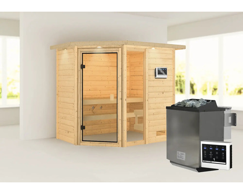 Sauna en bois massif Karibu Jada avec poêle bio 9 kW et commande externe avec couronne et porte entièrement vitrée couleur bronze