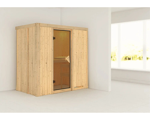 Sauna modulaire Karibu Mariado sans poêle et couronne avec porte vitrée coloris bronze