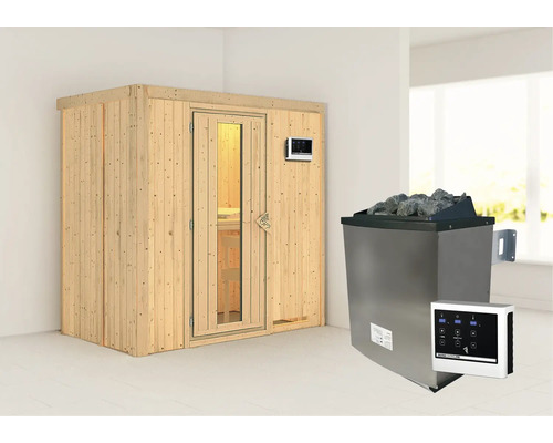 Sauna modulaire Karibu Mariado avec poêle 9 kW et commande ext. sans couronne avec porte en bois et verre à isolation thermique