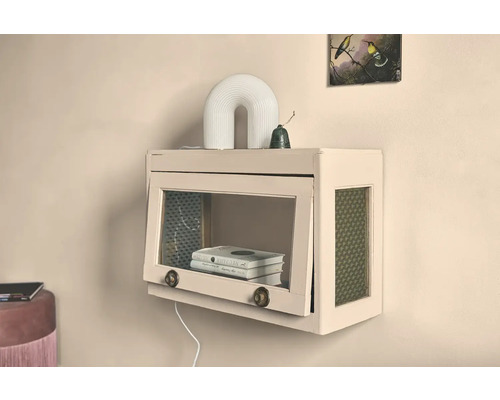 Laque Alpina Feine Farben Verset en pastel abricot tendre 750 ml Armoire suspendue avec porte en verre pour montage mural, avec des livres, une lampe et décoration