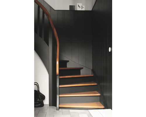 Laque Alpina Feine Farben classique noir noble mat 750 ml Escalier avec marches en bois et rampe