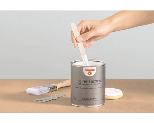Boîte de laque Alpina Feine Farben avec bâton en bois, pinceau et ouvre-boîte