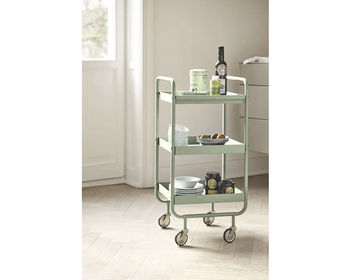 Servierwagen mit drei Ablagen und diversen Küchenutensilien