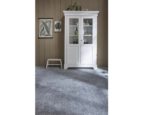 Salon avec moquette grise, une armoire blanche et décorations murales