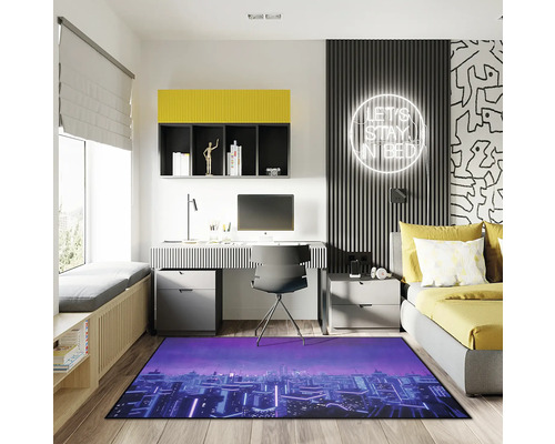 Photo d''intérieur d''une pièce avec un bureau, un lit et un tapis avec vue sur la ville