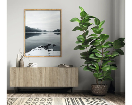 Wohnzimmer mit Holzschrank, gerahmtem Landschaftsbild und Zimmerpflanze im Topf.