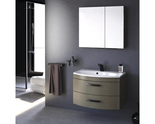 Modernes Badezimmer mit Waschtisch, Spiegelschrank, Handtuchhalter und Dusche