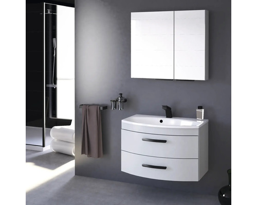 Salle de bains moderne avec meuble sous-lavabo, armoire de toilette et douche