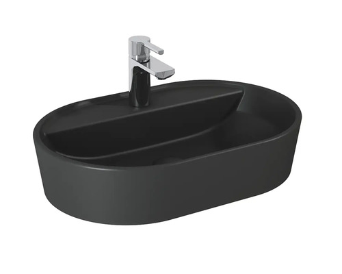 Schwarzes Aufsatzwaschbecken mit Chromarmatur