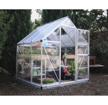 Serre avec étagères et une femme arrosant une plante