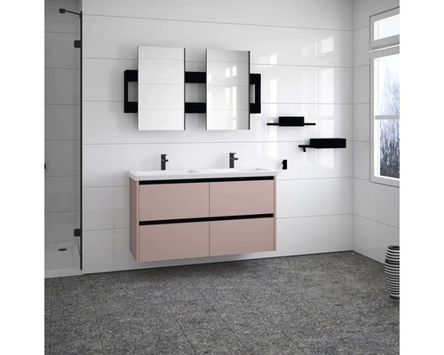 Modernes Badezimmer mit Waschtischunterschrank, zwei Waschbecken, Spiegeln und Ablagen