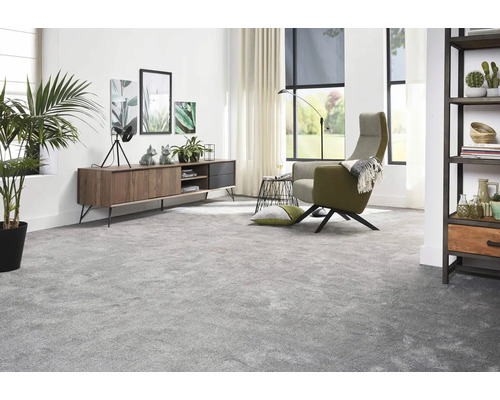 Salon avec moquette, buffet, fauteuil et plantes d''intérieur pour une ambiance chaleureuse.