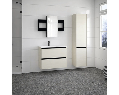 Salle de bains avec meuble sous-lavabo, armoire de toilette et armoire haute