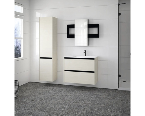 Salle de bains moderne avec meuble-lavabo, armoire de toilette et armoire haute