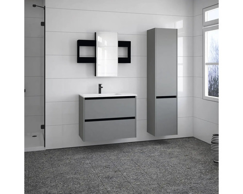 Salle de bains moderne avec meuble sous-vasque, armoire de toilette, armoire suspendue et douche