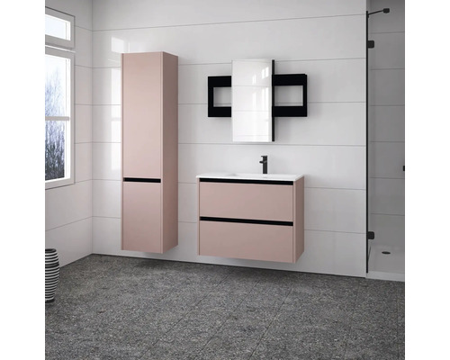 Ensemble de salle de bains moderne avec meuble sous-lavabo, armoire de toilette et armoire haute dans une teinte claire