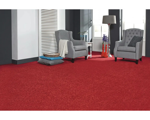 Salon avec moquette rouge, deux fauteuils gris et éléments décoratifs