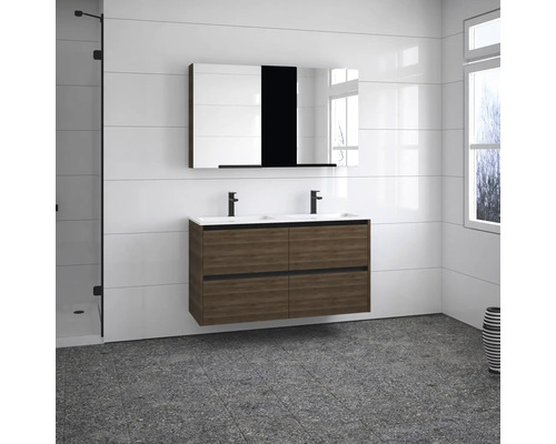 Salle de bains moderne avec meuble sous-lavabo, double vasque et armoire de toilette