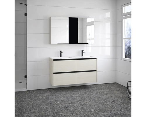 Salle de bains avec meuble sous-lavabo, double vasque, armoire de toilette et douche