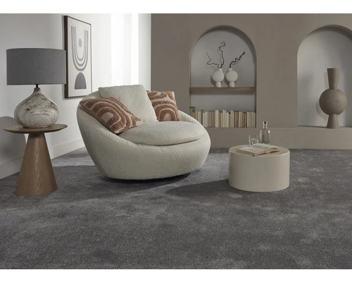 Photo d''intérieur d''un salon avec moquette grise, un fauteuil, une table et des éléments décoratifs