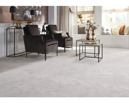 Salon avec deux fauteuils, tables d''appoint et tapis clair