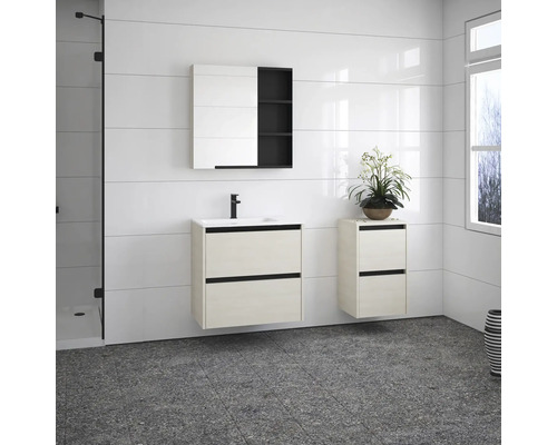 Badezimmer mit Waschtisch, Spiegelschrank und Unterschrank