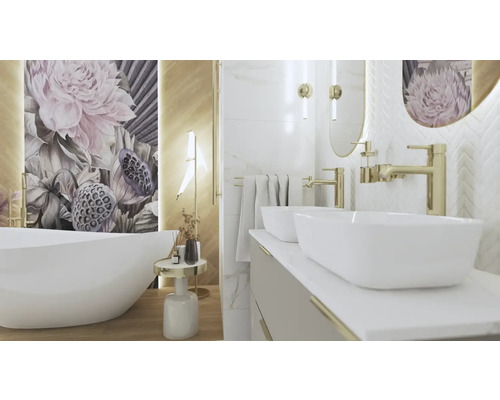 Salle de bains avec baignoire îlot, meuble-lavabo avec deux lavabos et miroir