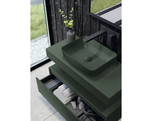 Salle de bain moderne avec meuble sous-vasque, vasque à poser et tiroirs ouverts