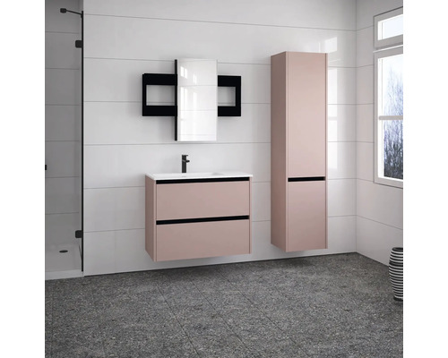 Salle de bains avec meuble sous-lavabo, armoire de toilette et armoire haute
