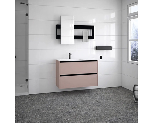 Salle de bains avec meuble sous-lavabo, armoire de toilette et porte-serviettes