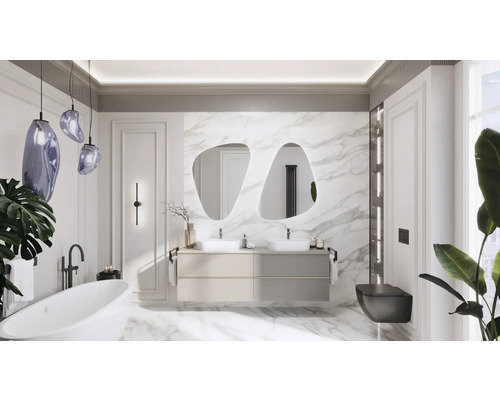 Modernes Badezimmer mit Doppelwaschtisch, Badewanne und Marmoroptik