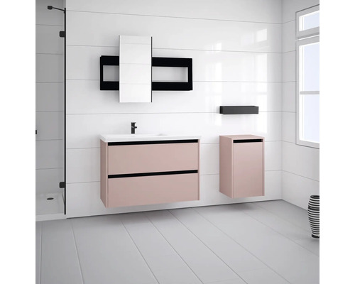 Modernes Badezimmer mit Waschtischunterschrank, Spiegelschrank und Hochschrank.