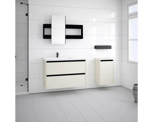 Salle de bain claire avec meuble sous-lavabo, armoire de toilette et armoire haute