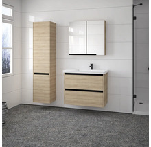 Salle de bains avec meuble sous-lavabo, armoire de toilette et armoire haute