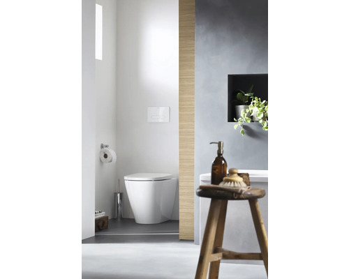 Salle de bains moderne avec toilettes, plaque de commande et tabouret de bain