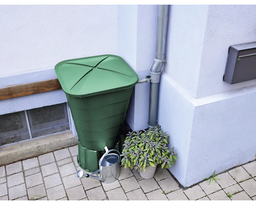 Récupérateur d''eau de pluie à côté d''une descente pluviale avec arrosoir et plante en pot