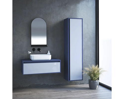 Salle de bain avec meuble-lavabo, miroir, armoire haute et plante